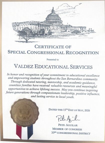 Certificate of Special Congressional Recognition from Congressman Pete Aguilar
