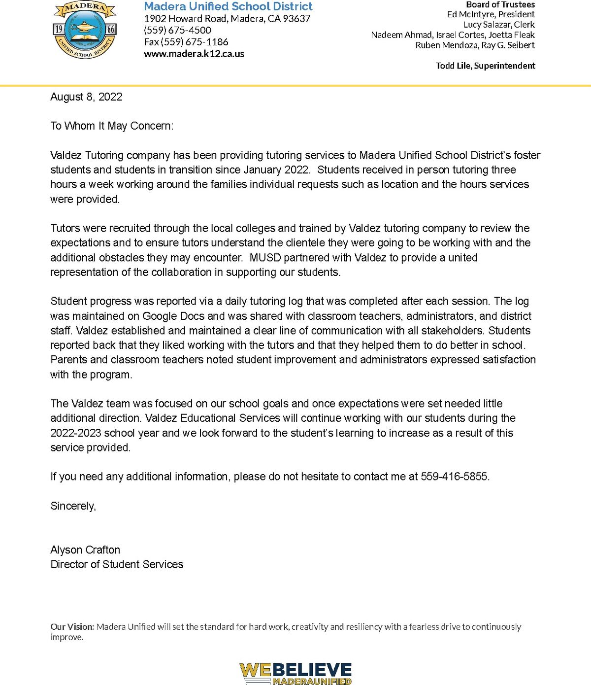 Full letter of recommendation from Madera Unified School District, 2022