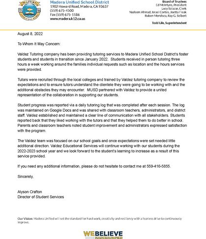 Letter of recommendation from Madera Unified School District, 2022