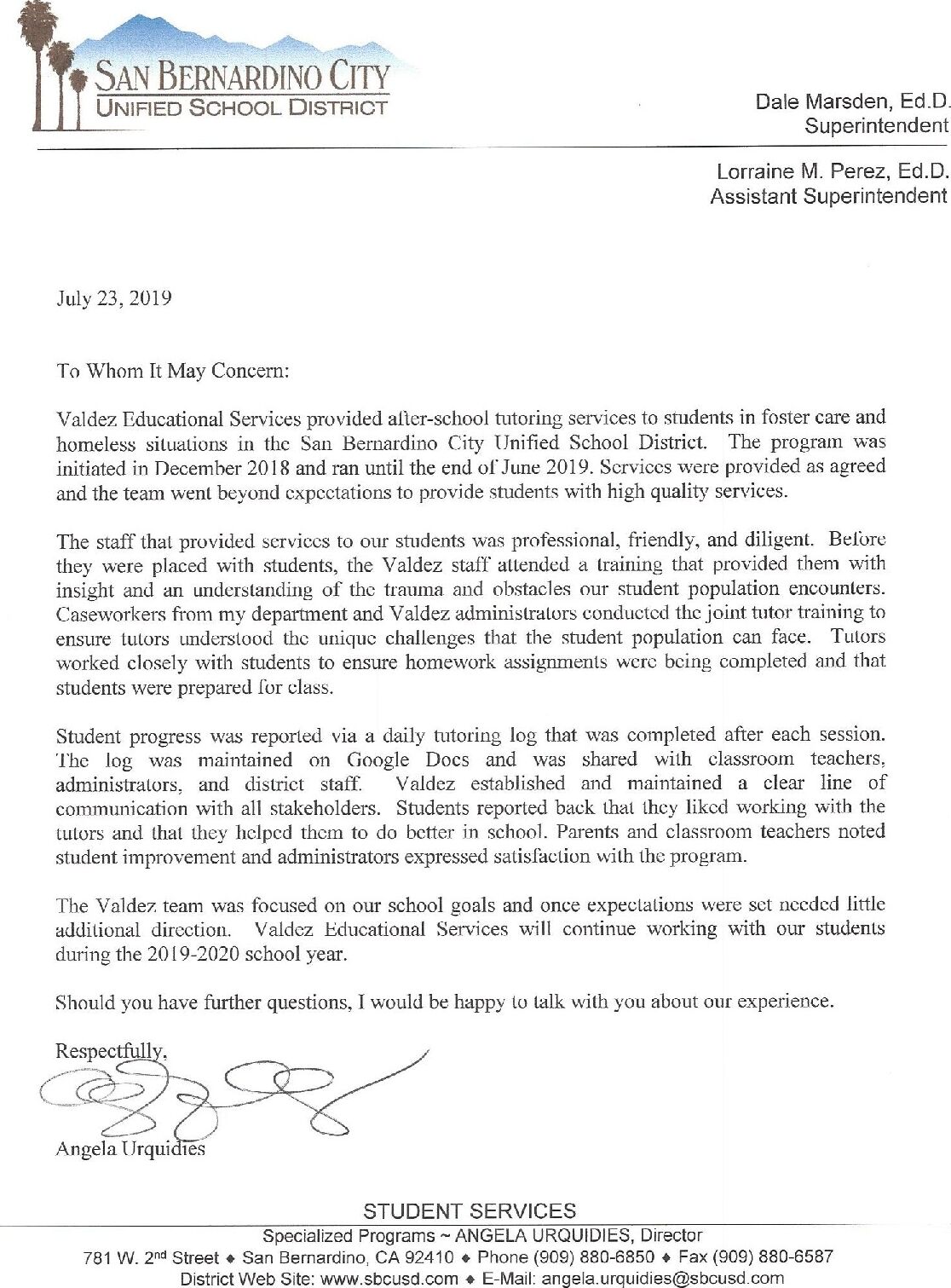 Full letter of recommendation from San Bernardino City Unified School District, Student Services, 2019