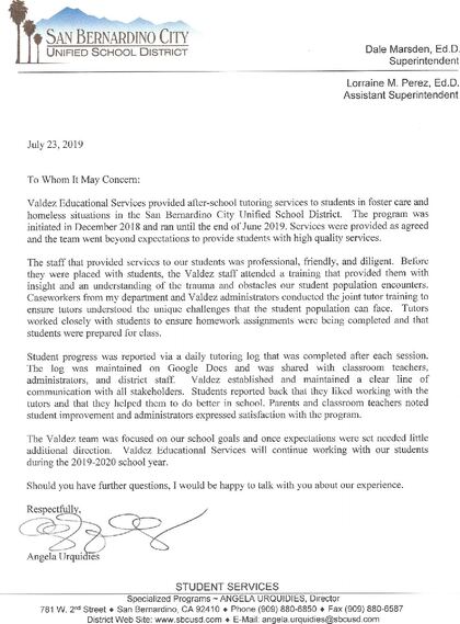 Letter of recommendation from San Bernardino City Unified School District, Student Services, 2019
