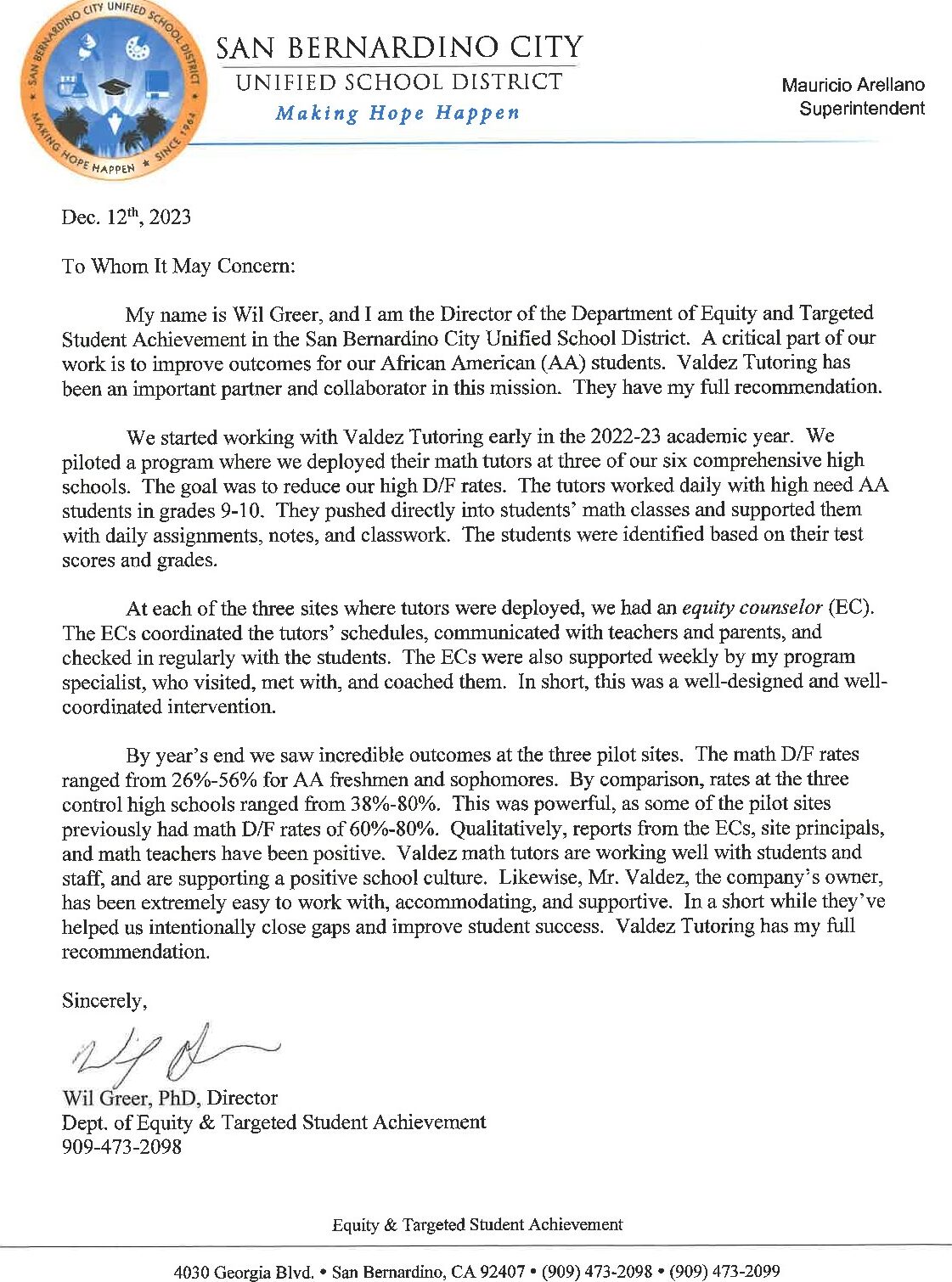 Full letter of recommendation from San Bernardino City Unified School District, Department of Equity and Targeted Student Achievement, 2023