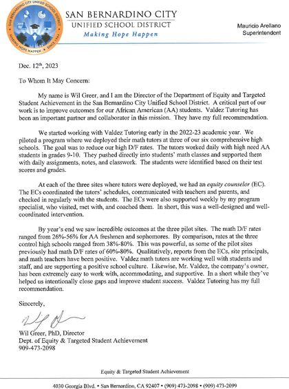 Letter of recommendation from San Bernardino City Unified School District, Department of Equity and Targeted Student Achievement, 2023